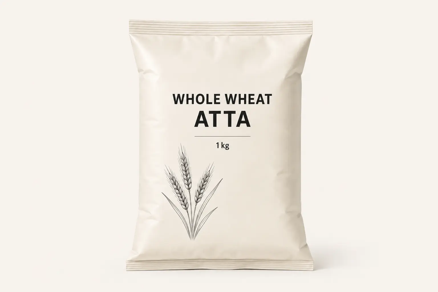 Fictional whole-wheat atta pouch with an illustrative AaharAnk अ mark at its bottom-right