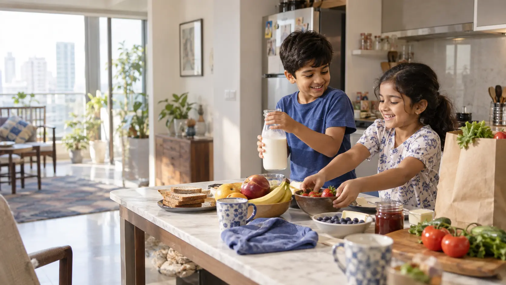An Indian family sharing a bright everyday breakfast at home