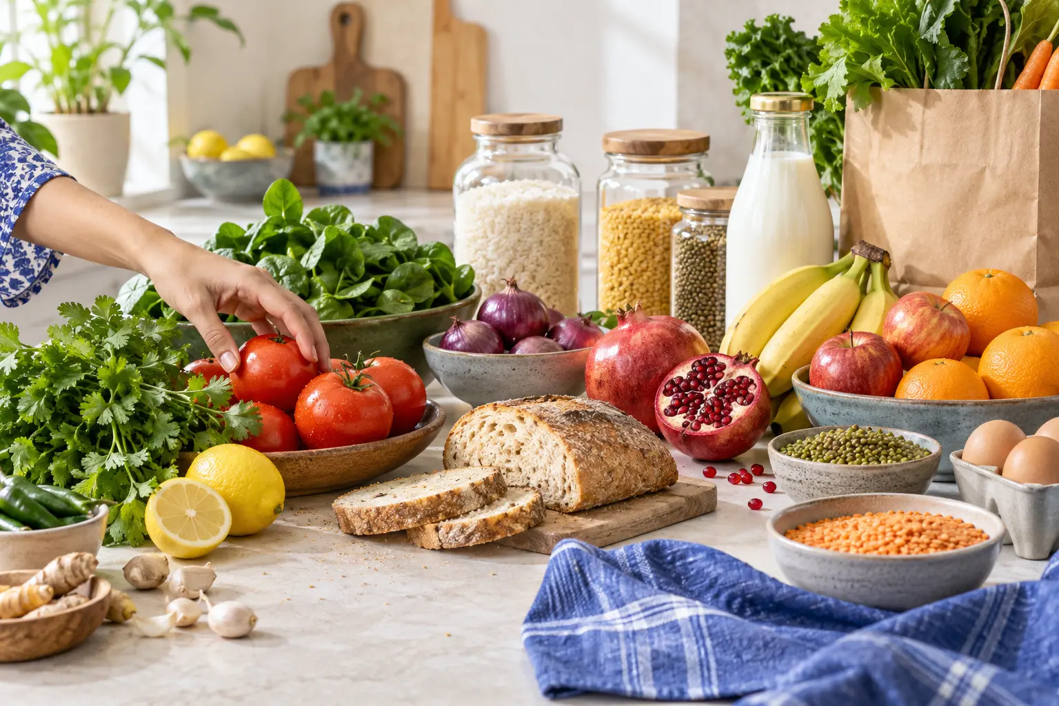 A bright spread of fresh produce, bread, dairy and Indian pantry staples