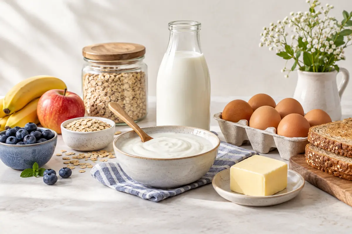 A bright still life representing dairy & breakfast