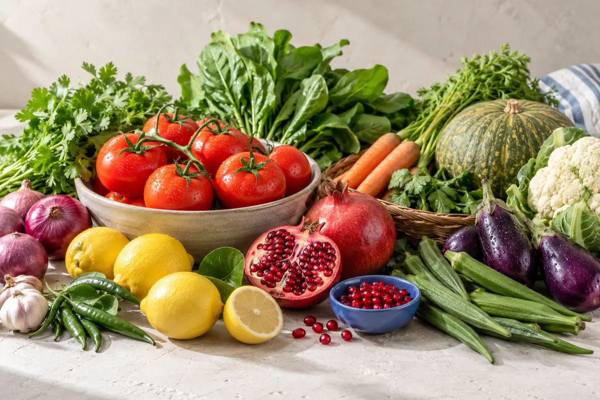 A bright still life representing fresh & veg