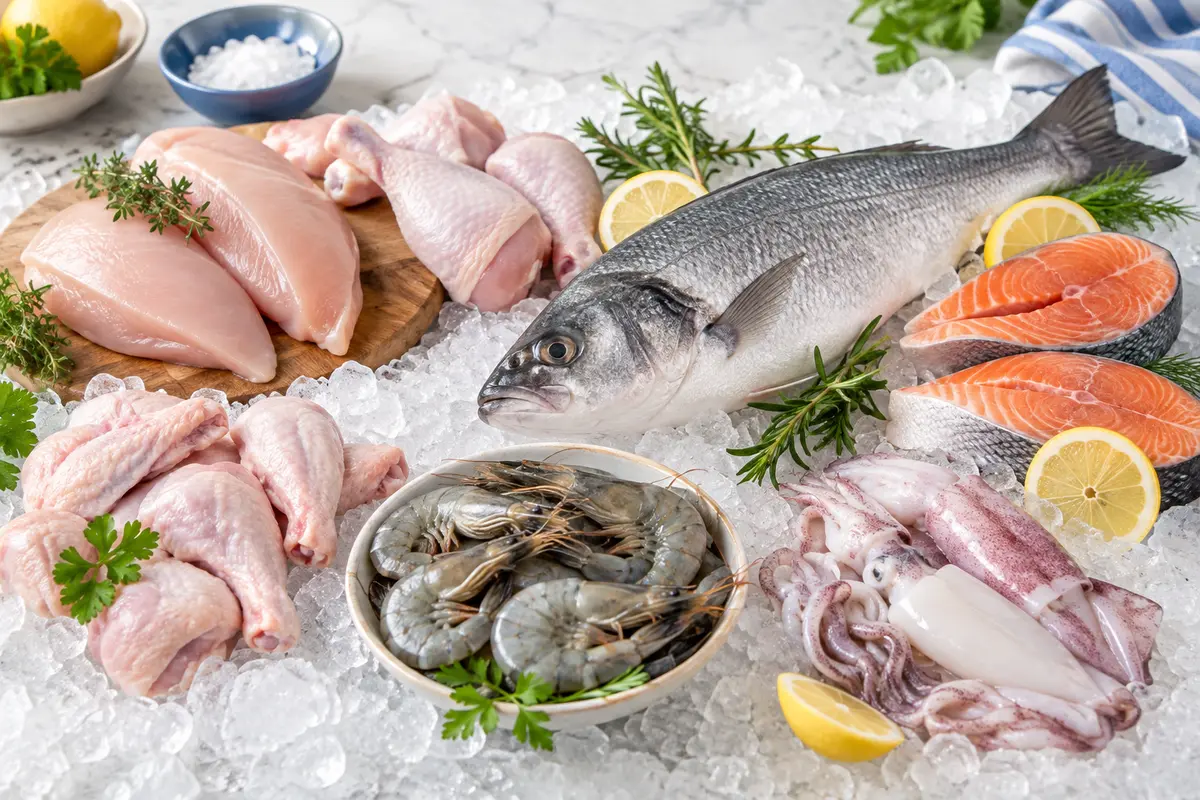 A bright still life representing meat & seafood