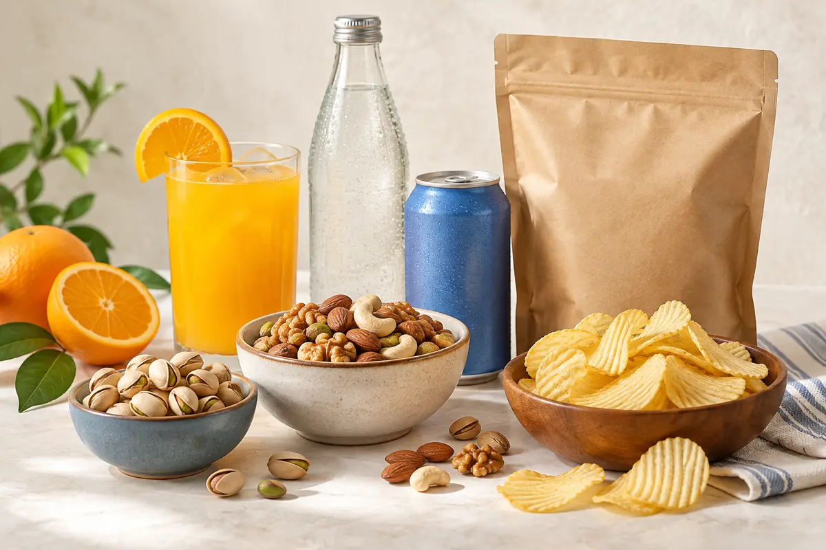 A bright still life representing snacks & beverages