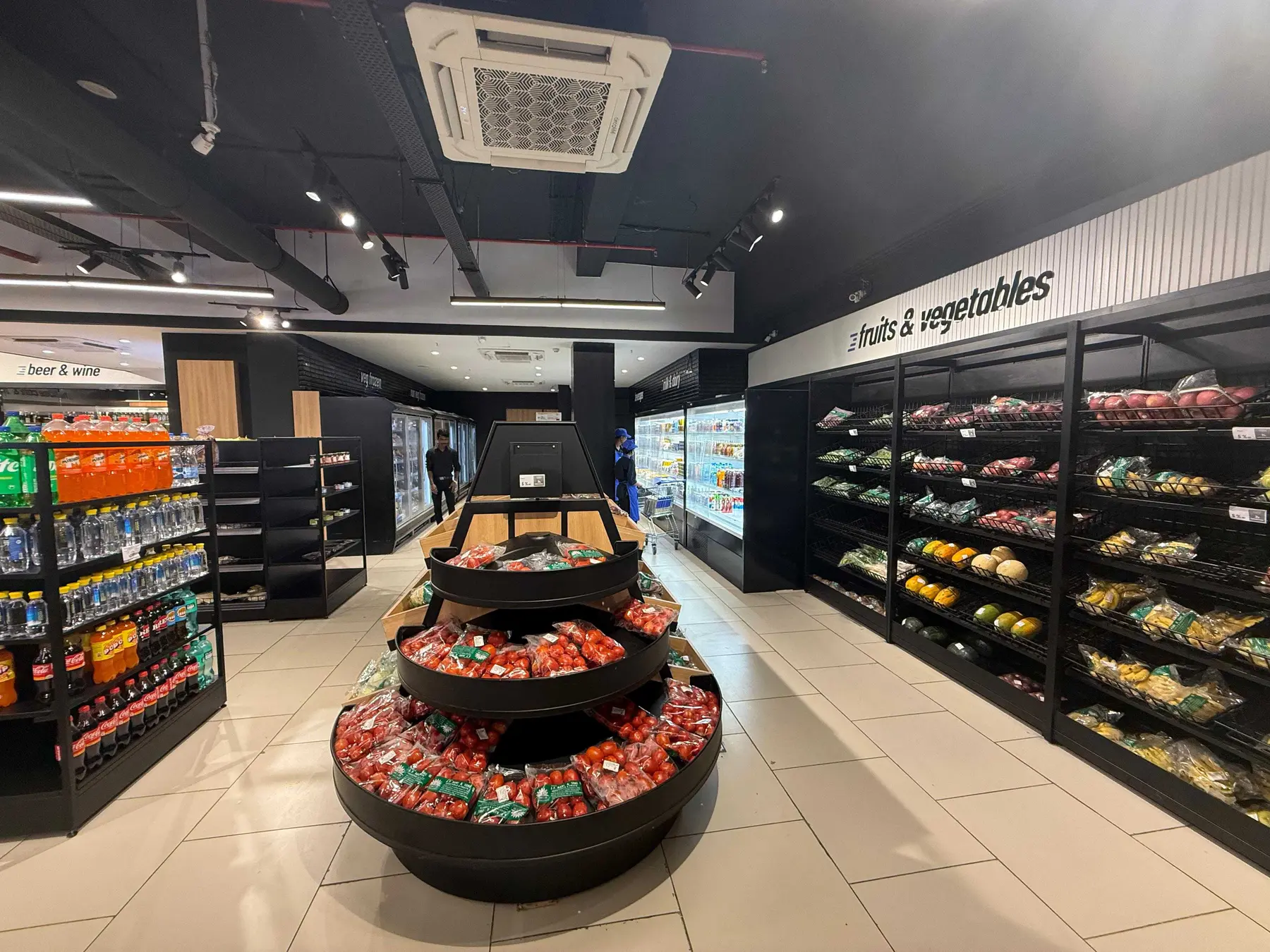 Produce displayed inside an operating rapsap supermarket
